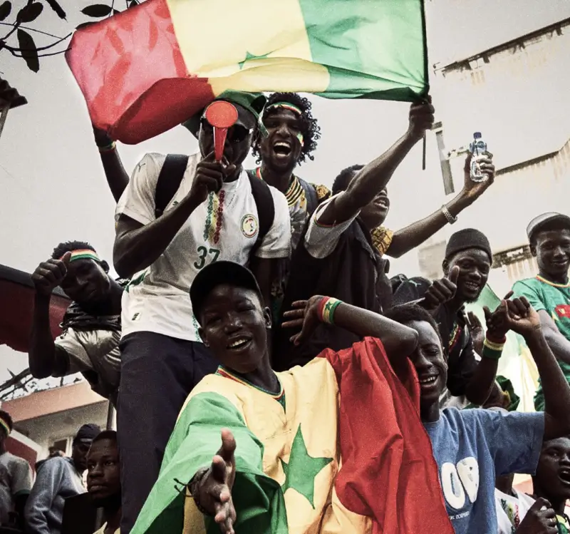 Football fans celebrating with flags in the stands