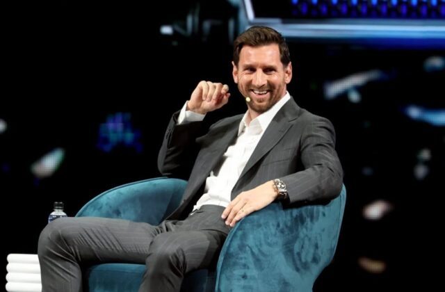 Lionel Messi speaks at the America Business Forum in Miami